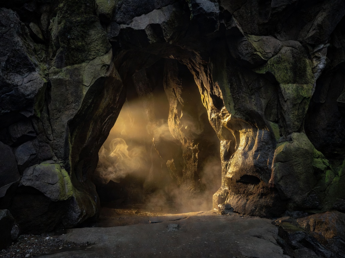 Dark cave entrance revealing golden light