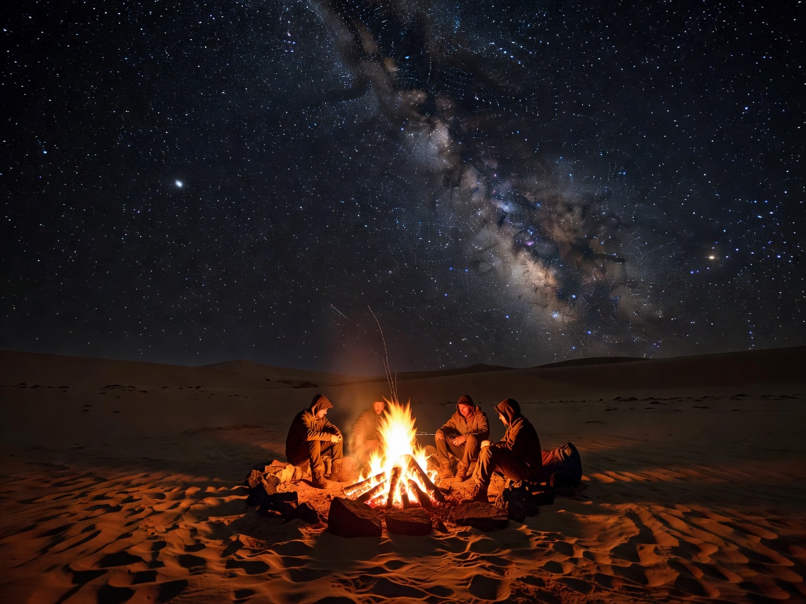 Desert campfire at night under starry sky