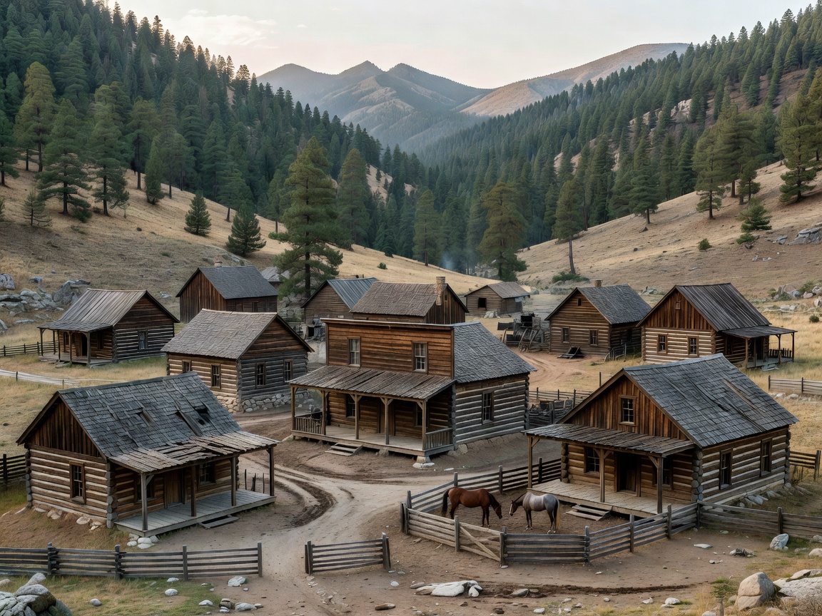 Historic wooden frontier settlement nestled in a valley