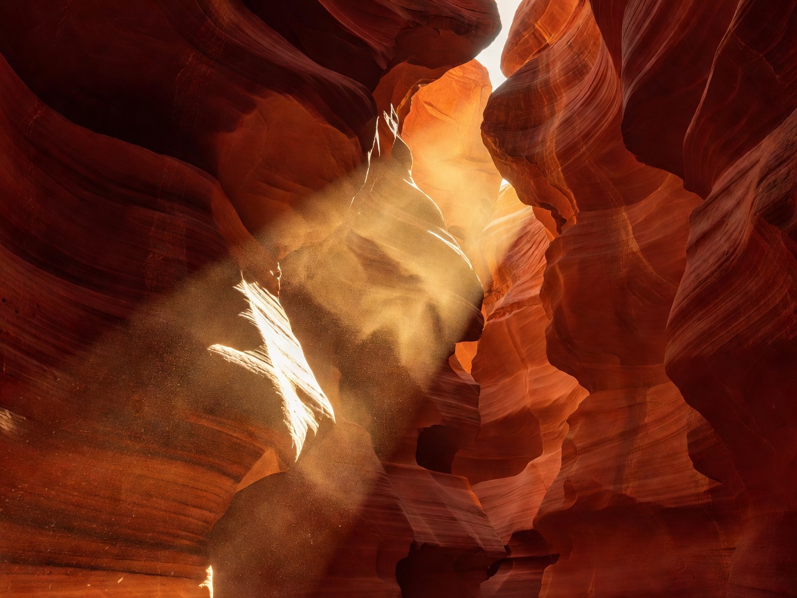 Sunlight piercing through a narrow slot canyon