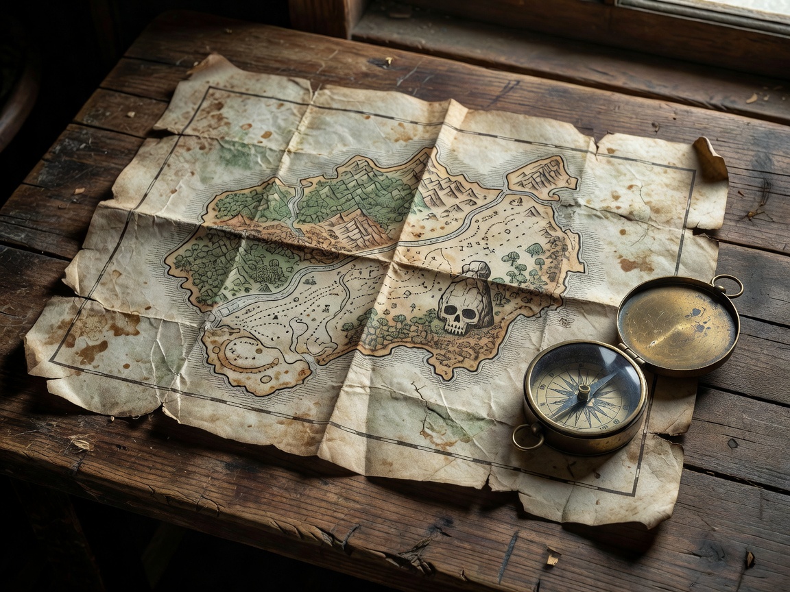 Weathered treasure map and compass on wooden table